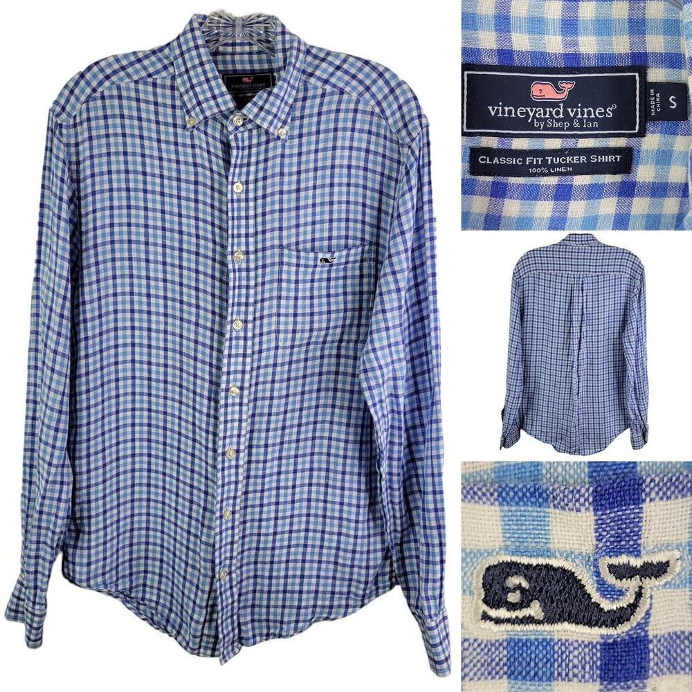Vineyard Vines Shirt Mens Small Blue Gingham Check Linen Classic Fit Tucker